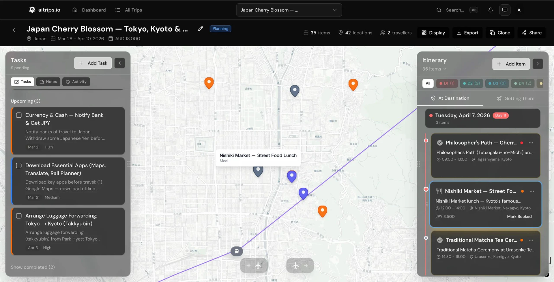 Aitrips product interface showing map and itinerary