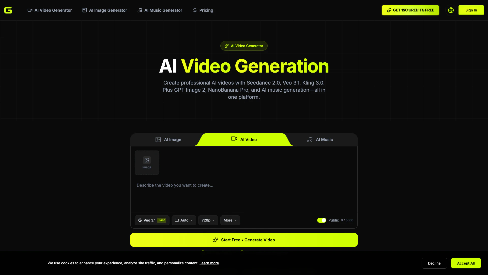 Aivideogeneration website screenshot showing Create professional AI videos with Veo 3... interface and features