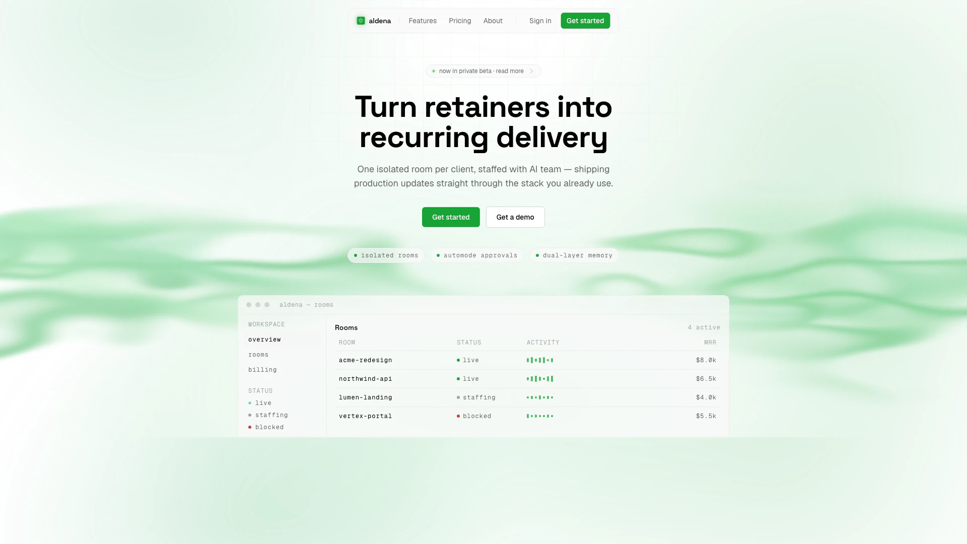 Aldenaai website screenshot showing Aldenaai allows you to create dedicated ... interface and features