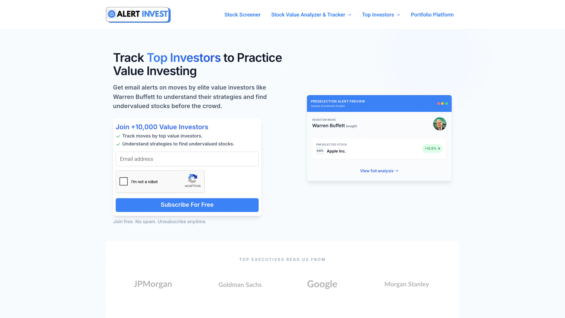 Alert Invest website screenshot showing Alert Invest helps you track elite inves... interface and features