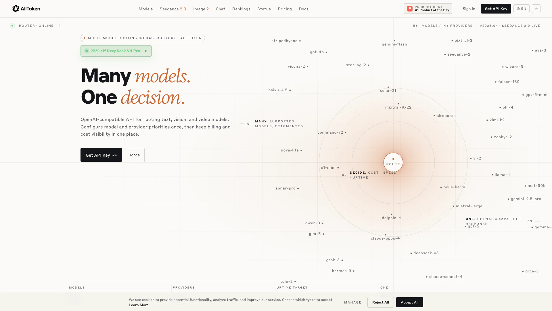 Alltokenai website screenshot showing Alltokenai is an OpenAI-compatible API t... interface and features