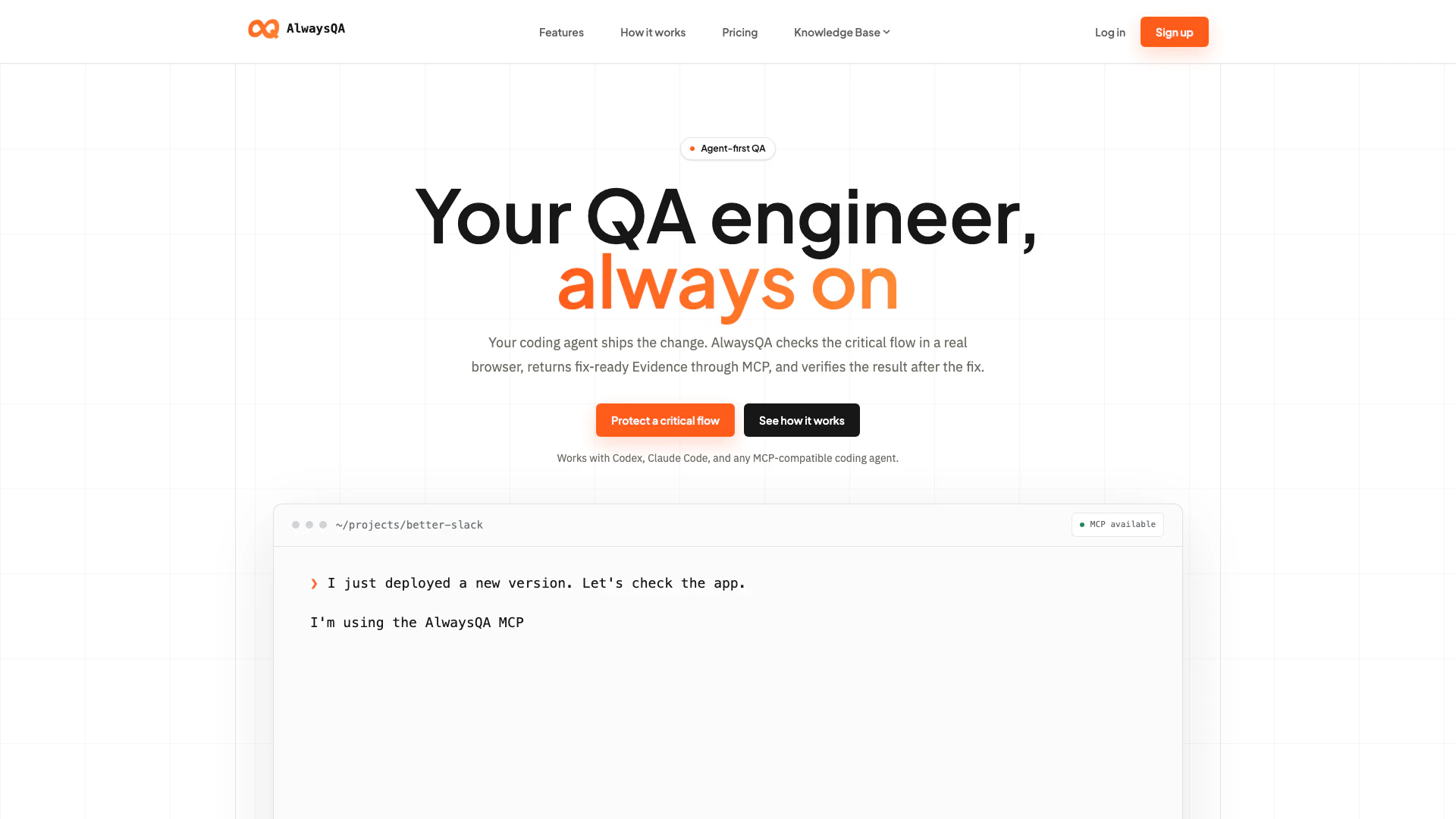 Alwaysqa website screenshot showing AlwaysQA checks whether your app still w... interface and features