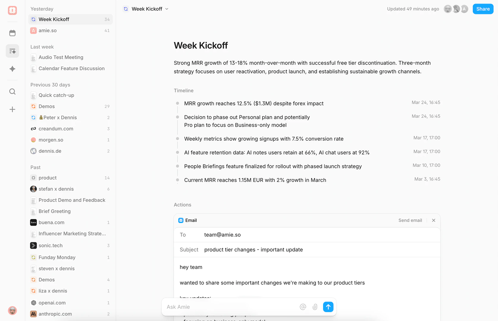 Amie product interface overview