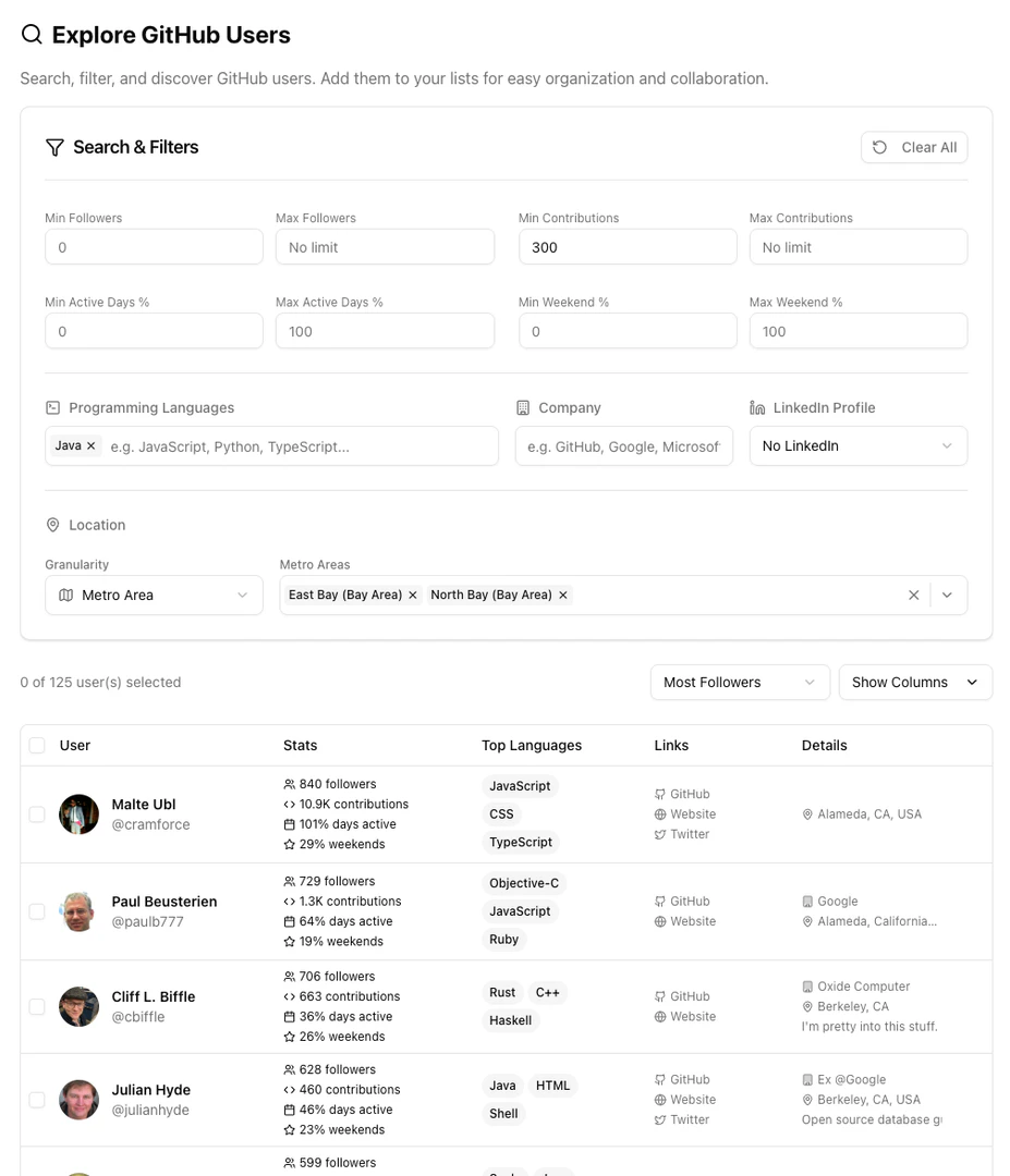 Amor dashboard search interface showing advanced filtering capabilities