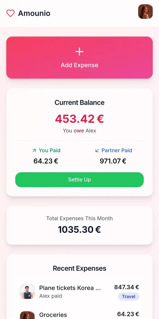 Amounio product interface showing expense sharing