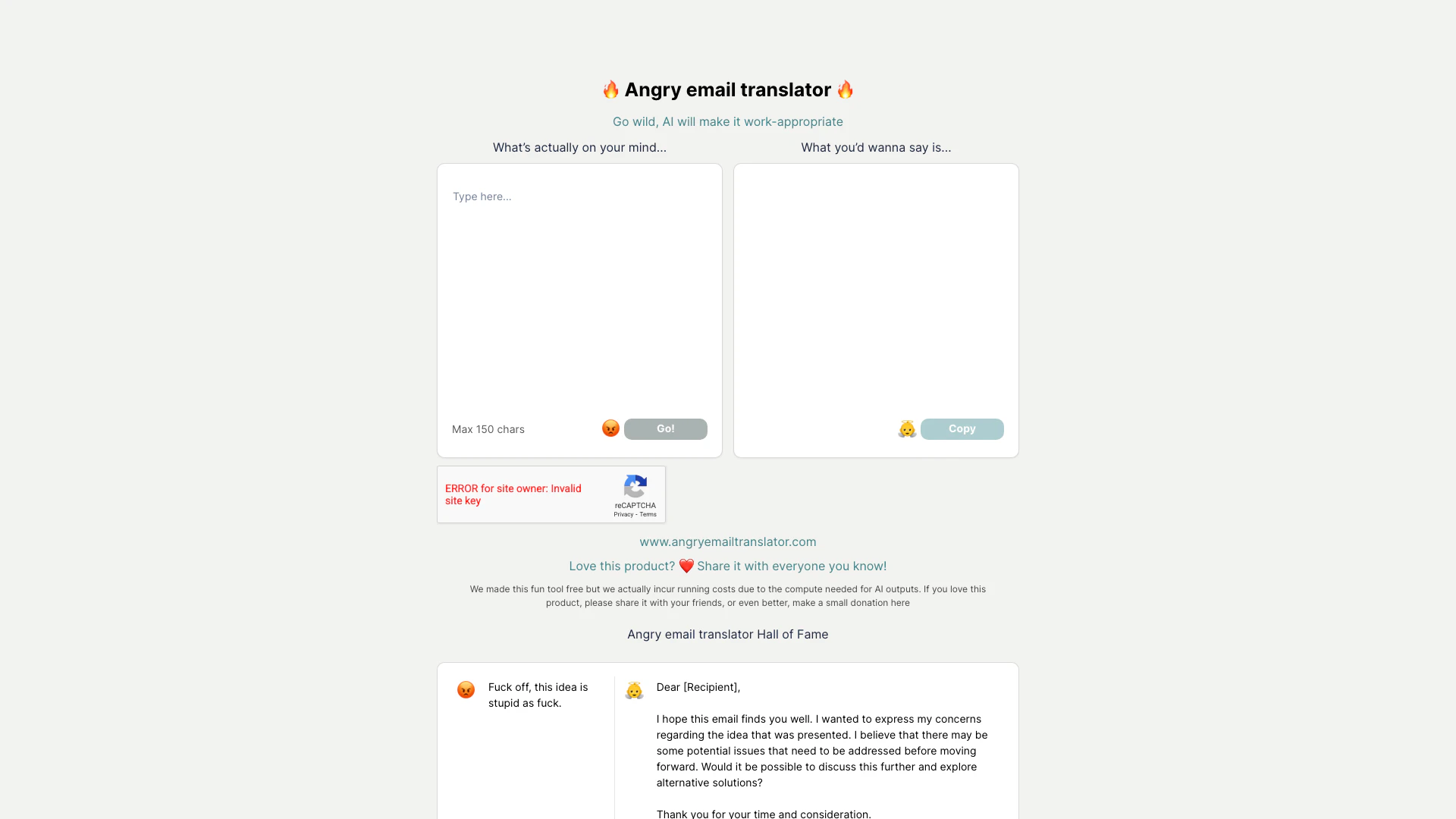 Angry Email Translator website screenshot showing Angry email trans interface and features