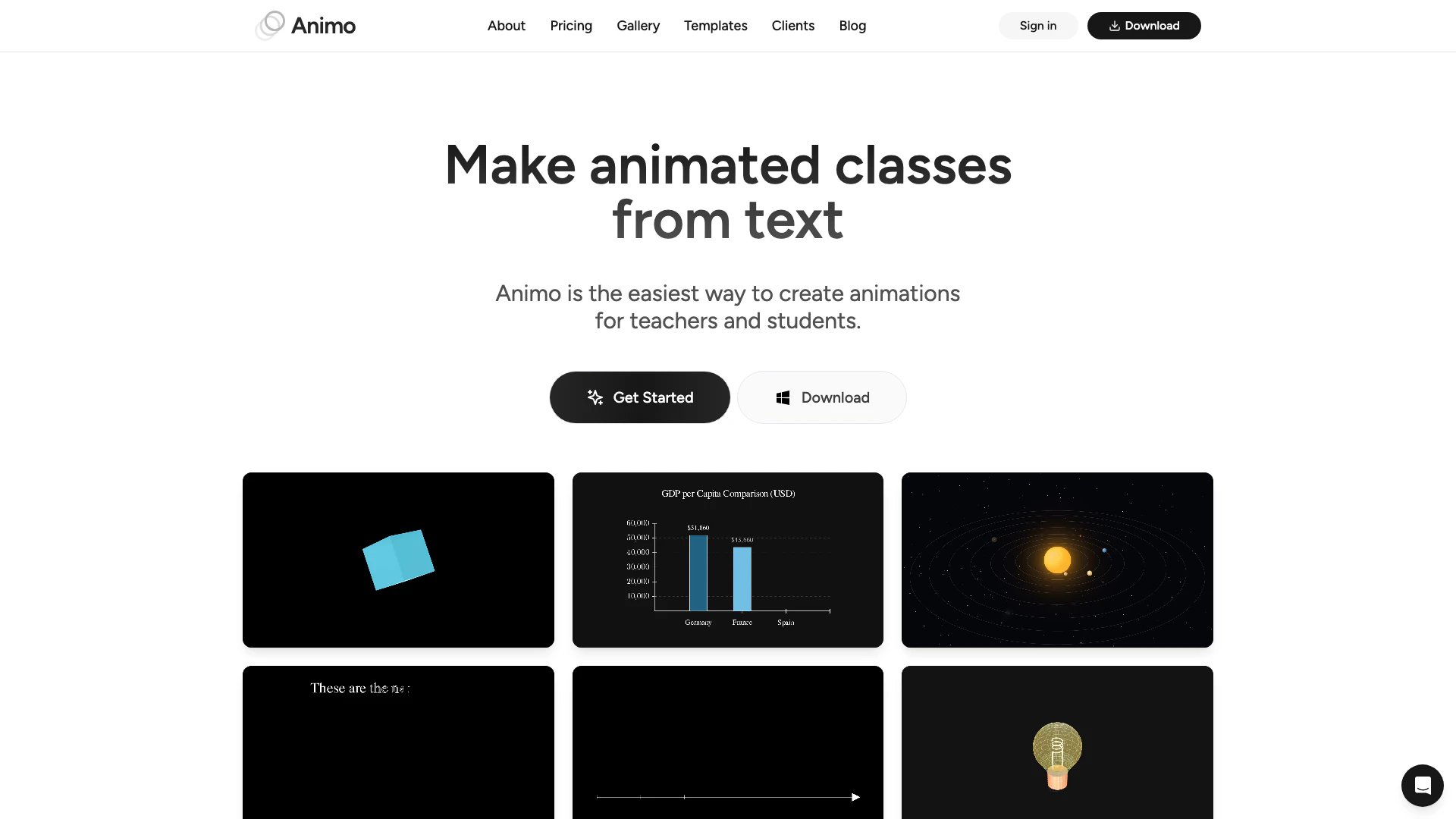 Animo website screenshot showing Animo is the Manim AI app that allows yo... interface and features