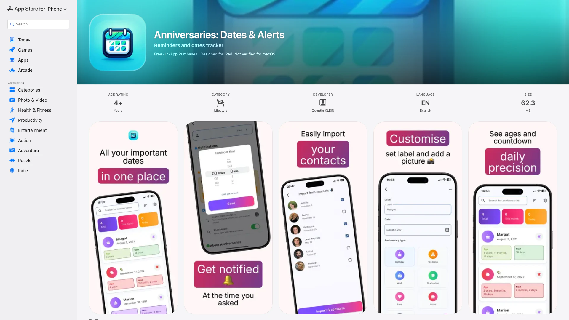 Anniversaries: Dates & Alerts - iOS App website screenshot showing With Anniversaries, you'll never miss a ... interface and features