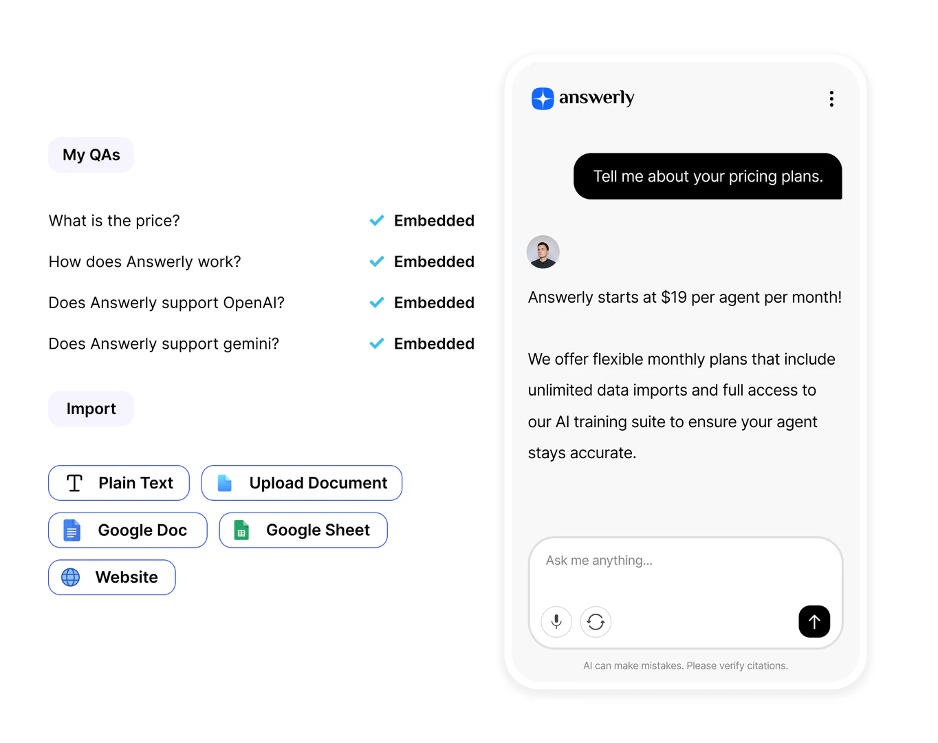 Answerly AI training hub interface