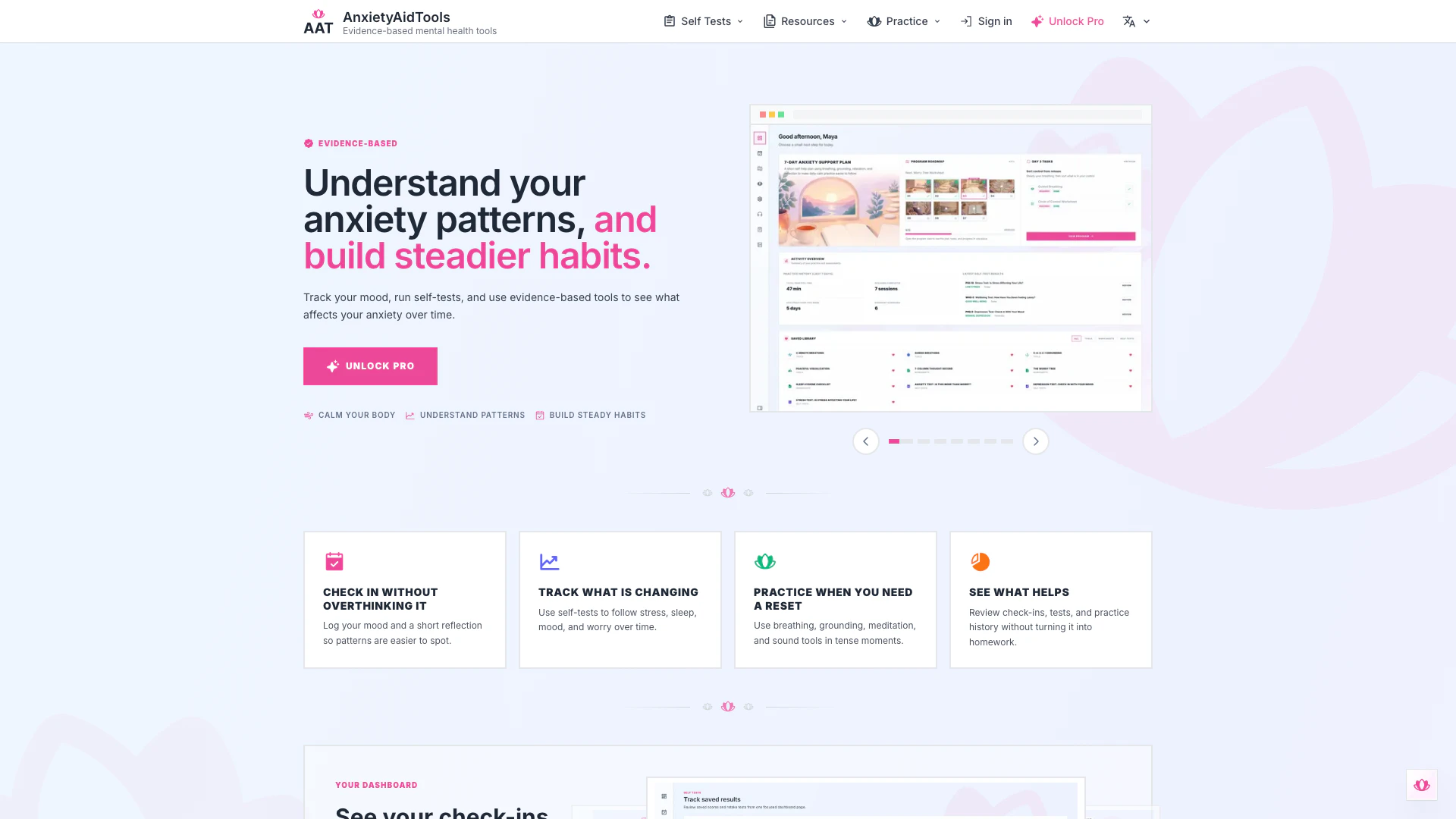 Anxietyaidtools website screenshot showing Anxietyaidtools ofrece recursos construi... interface and features