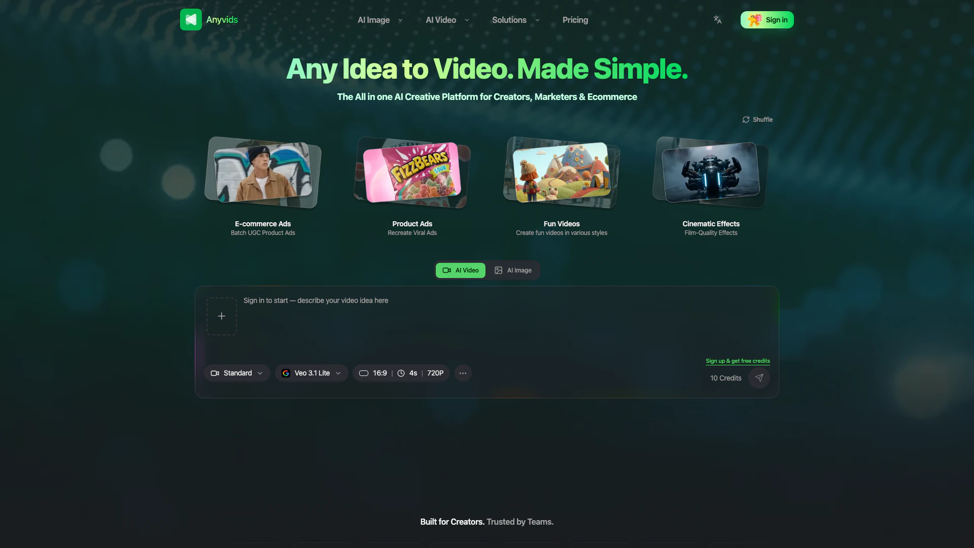 Anyvidsai website screenshot showing Anyvids is the free all-in-one AI image ... interface and features
