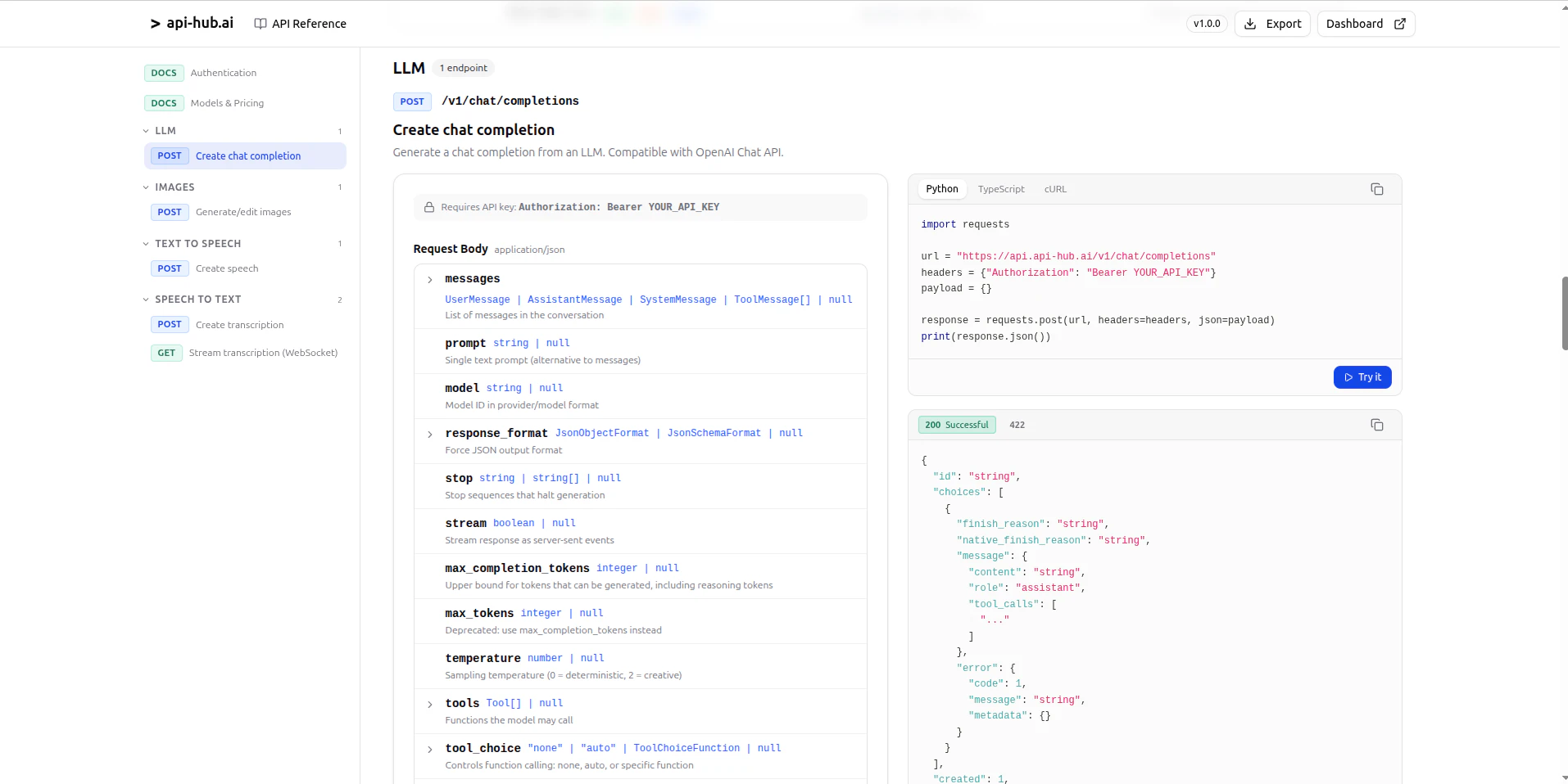 api Hubai API integration example with curl request