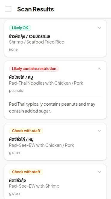 Appforgelabs Menu Decoder interface showing dish translations and allergens