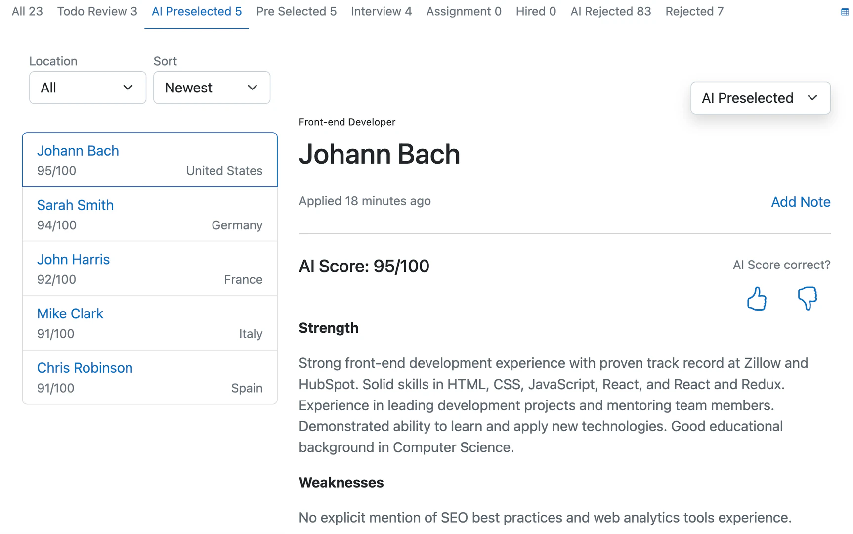 Applicant AI dashboard interface