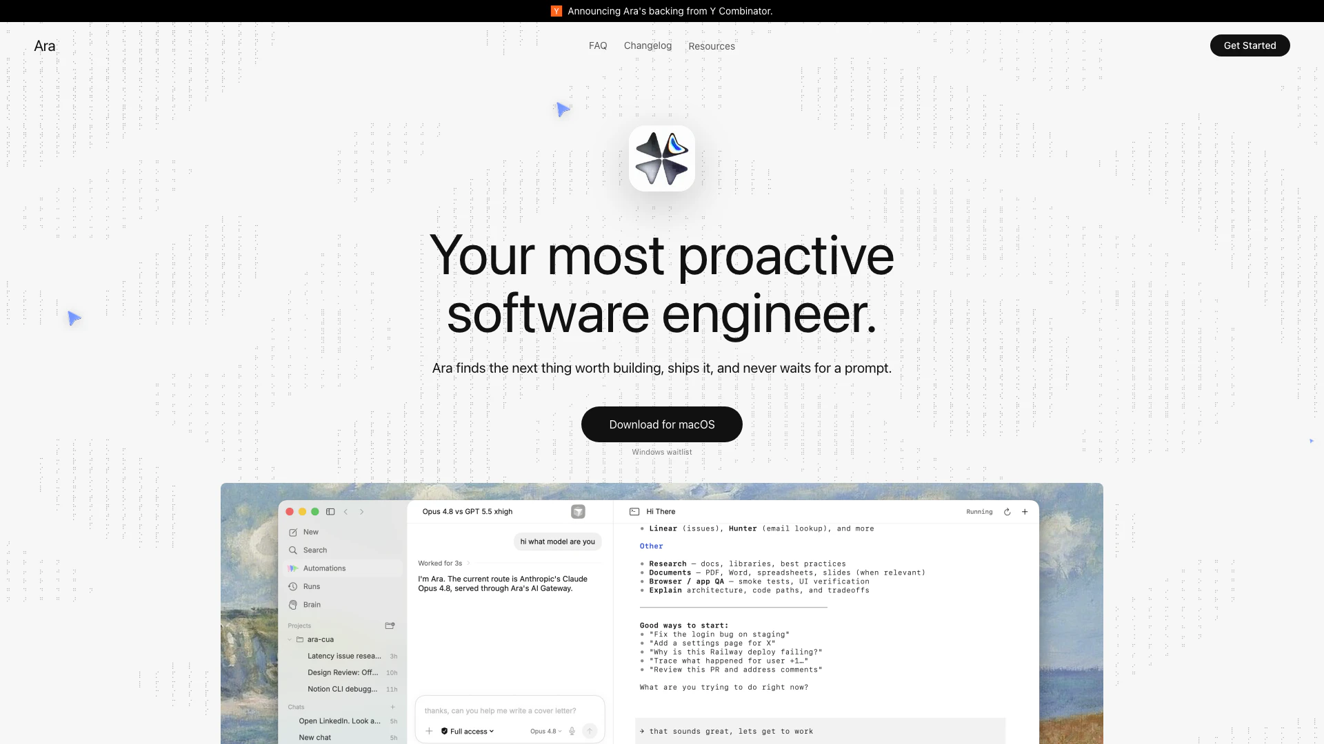 Ara website screenshot showing Ara is your most proactive software engi... interface and features