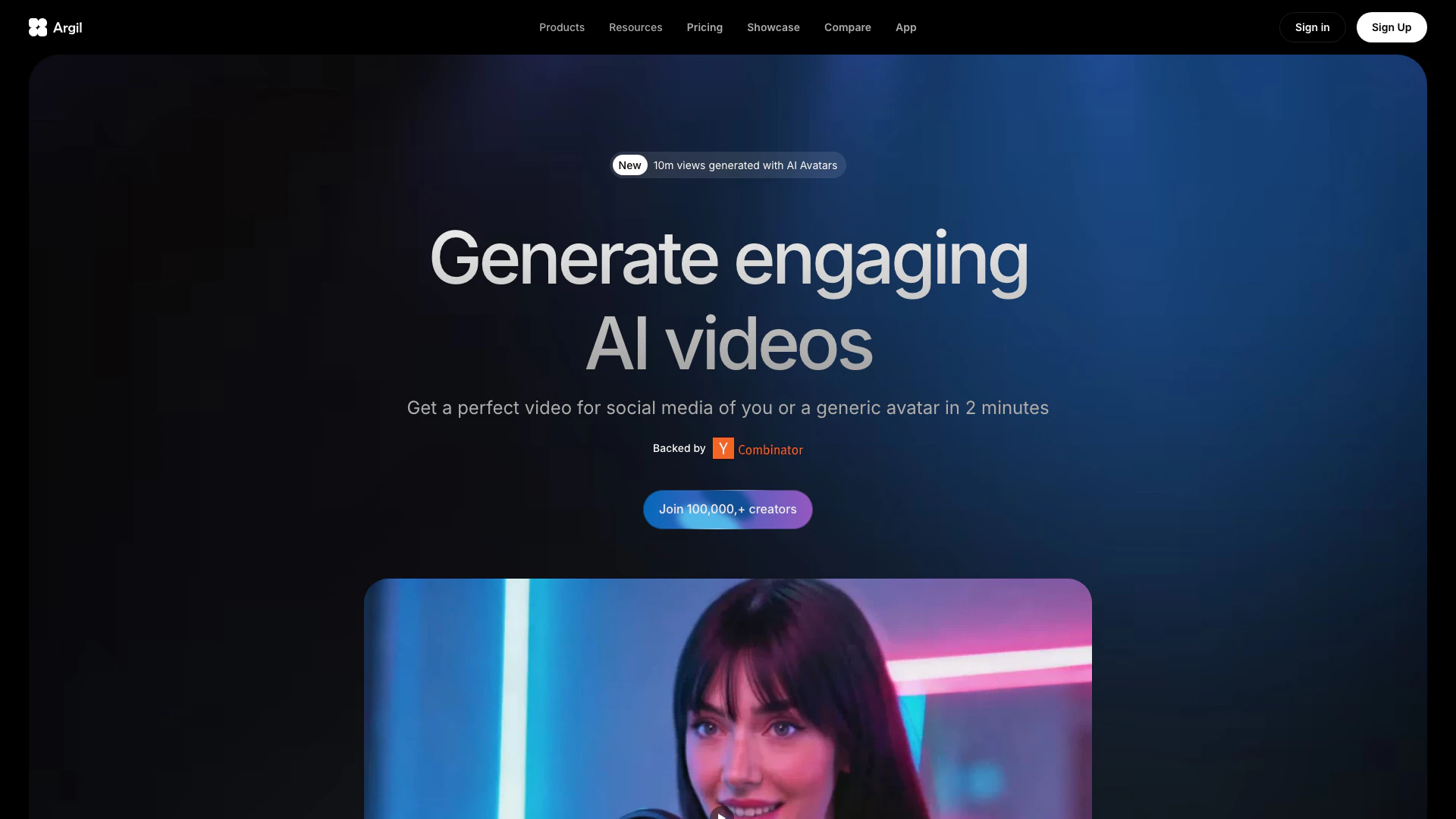 Argil website screenshot showing Generate social media videos in 2 minute... interface and features