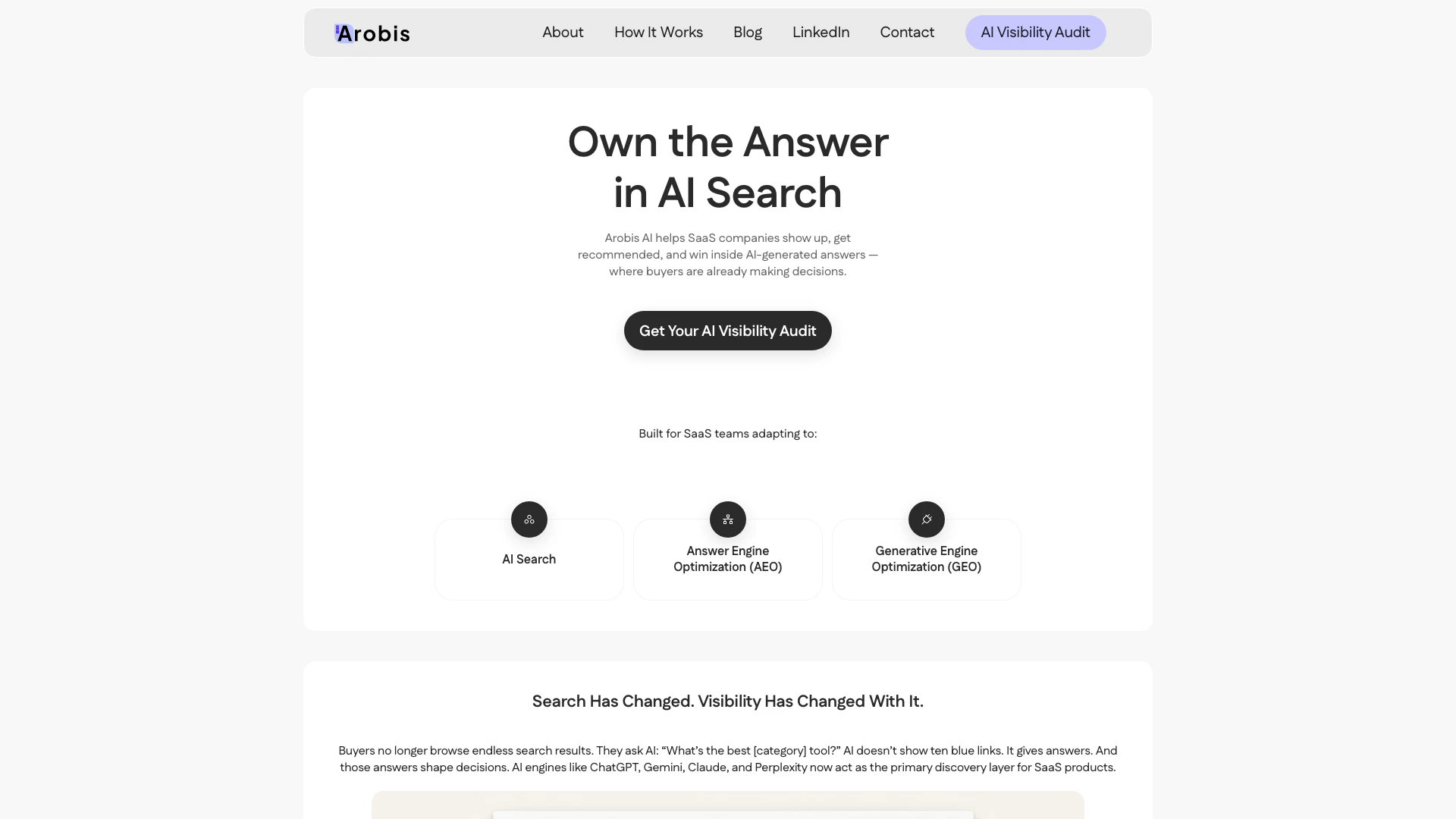 Arobisai website screenshot showing Arobisai enhances your visibility in AI ... interface and features