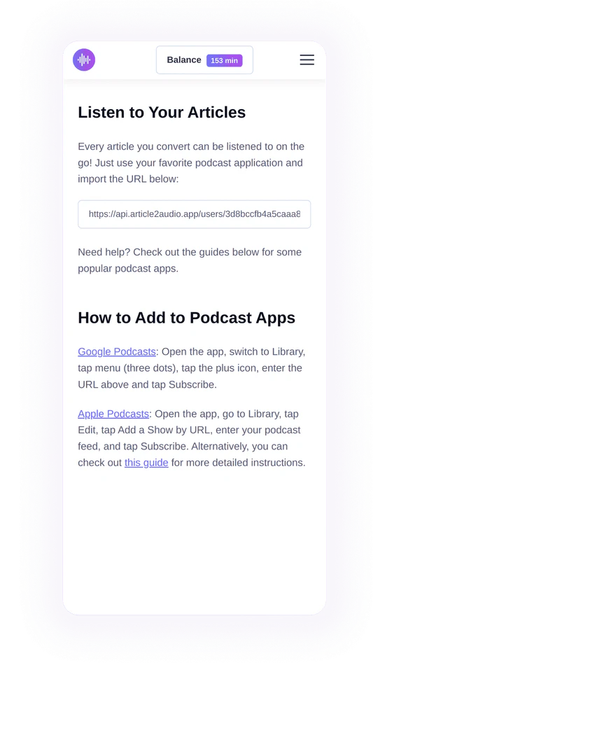 article2audio product interface overview