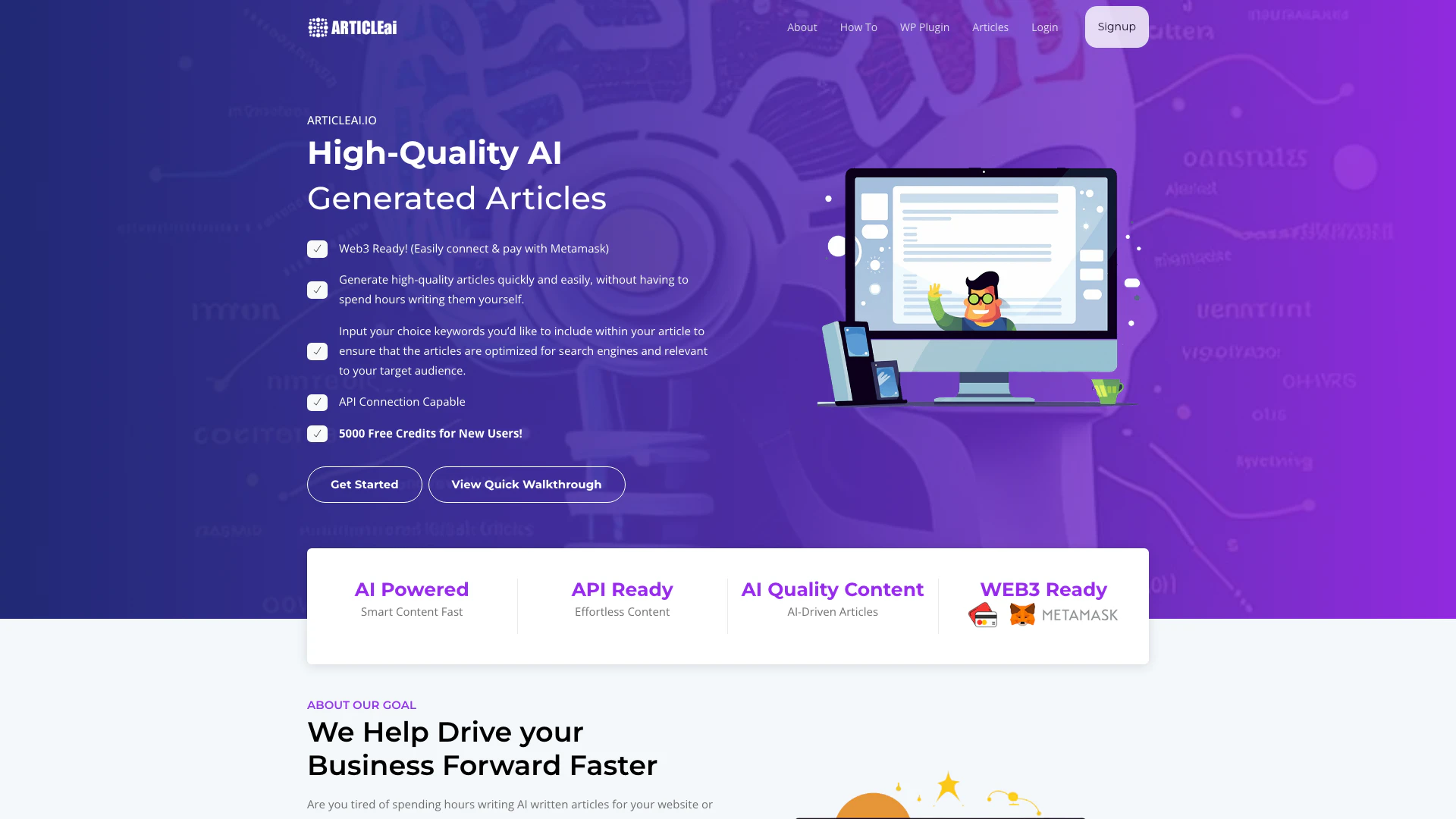 Articleai Io website screenshot showing ArticleAI.io - Empower Your Words: Unlea... interface and features