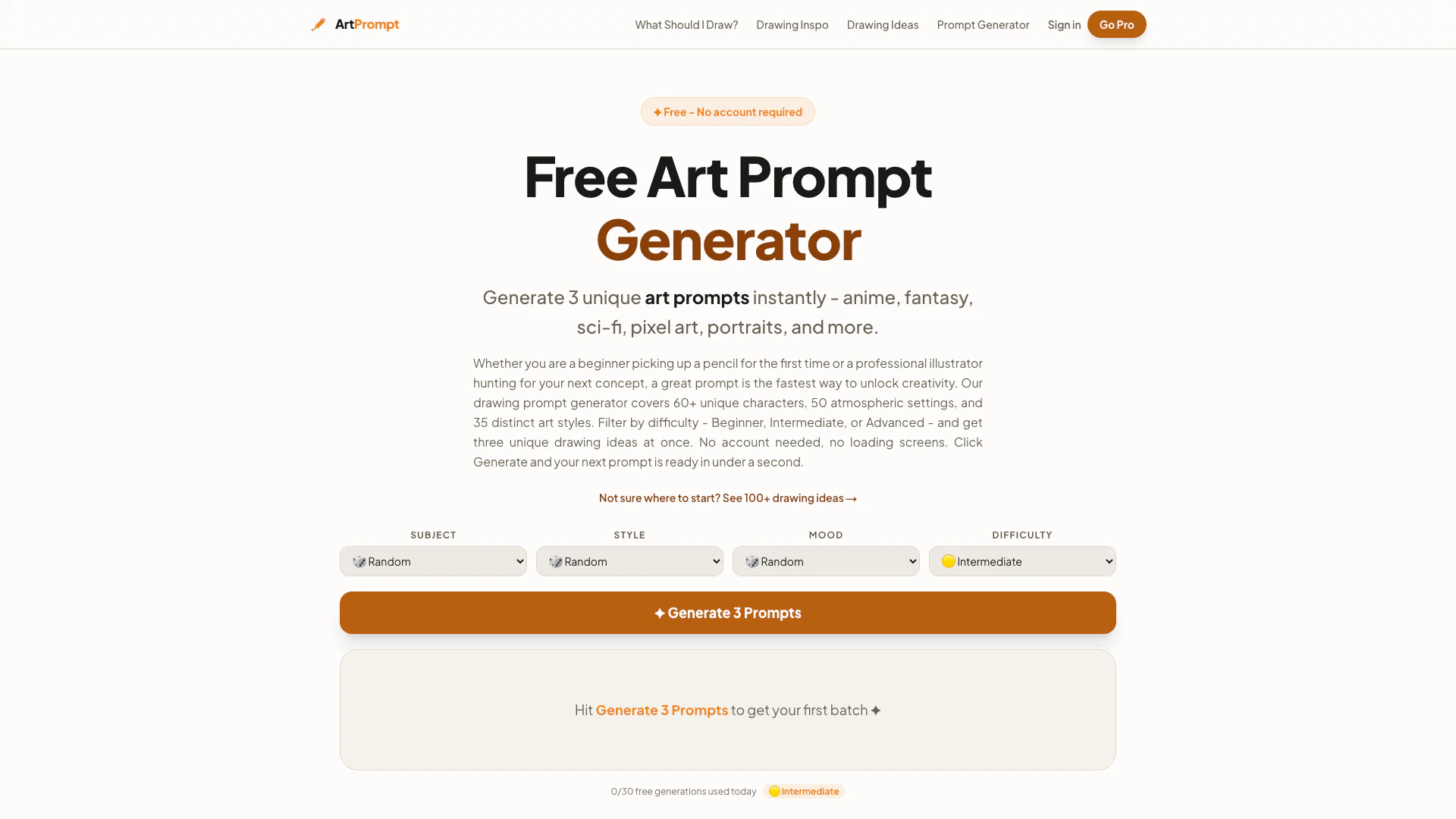 Artpromptgenerator website screenshot showing Artpromptgenerator is a free art prompt ... interface and features