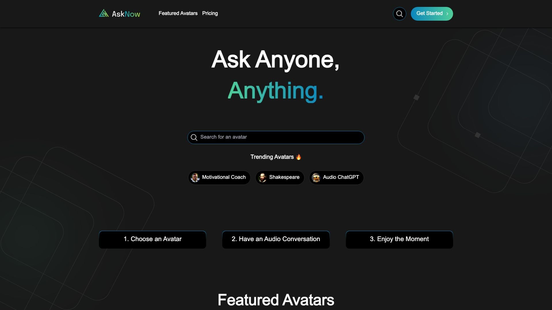 Asknow website screenshot showing AskNow: Dive into immersive audio chats ... interface and features