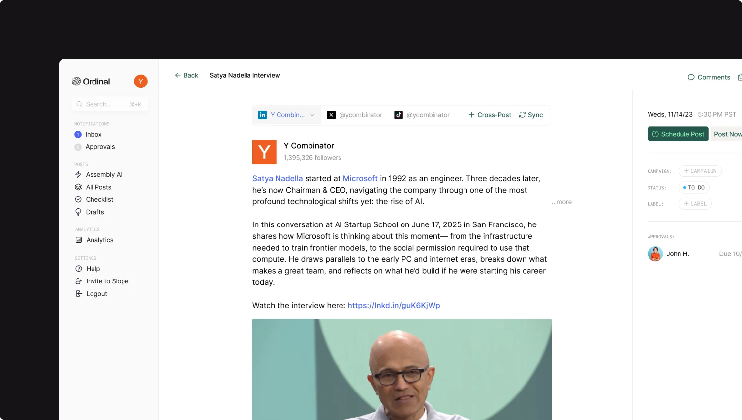 Ordinal LinkedIn scheduling feature demonstration