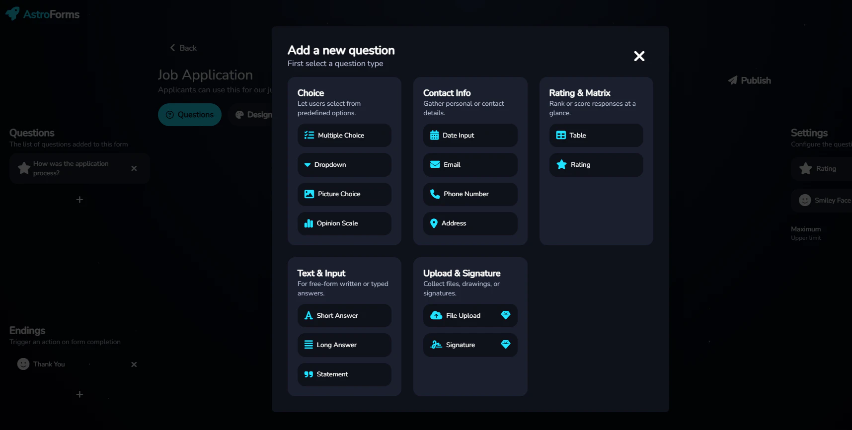 AstroForms question types grid