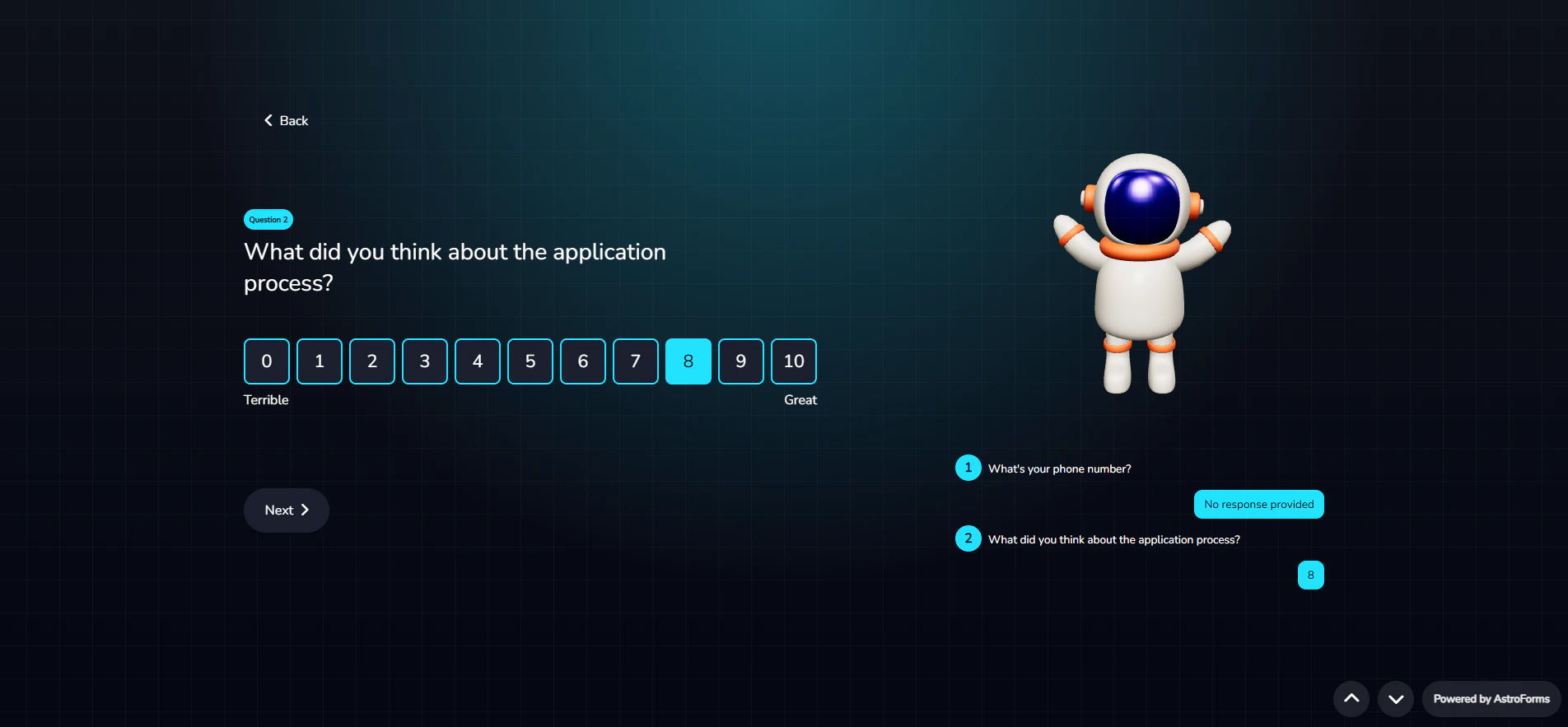 AstroForms product interface with 3D avatar