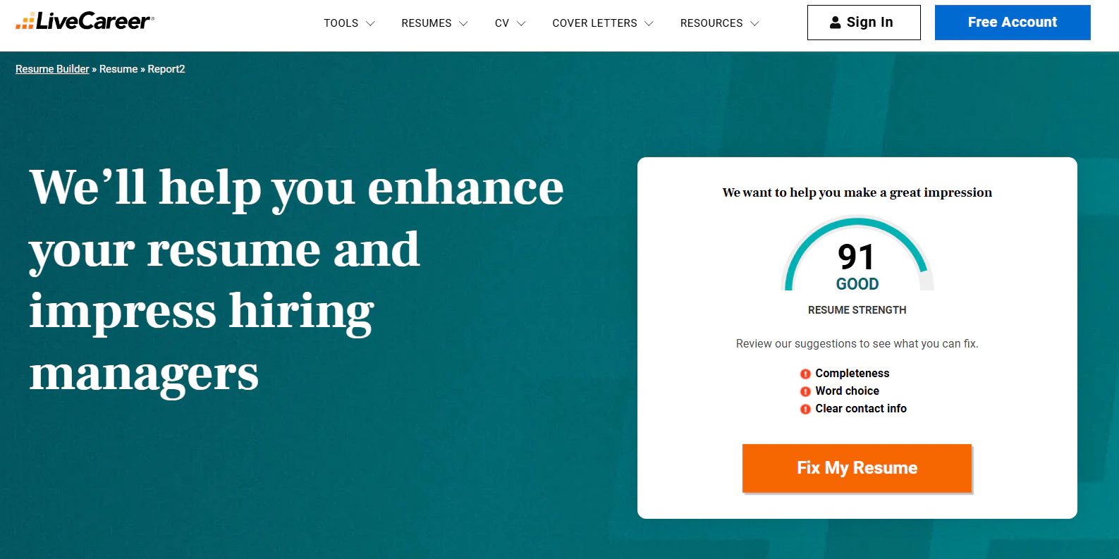 ATS Resume excellent ATS score on LiveCareer