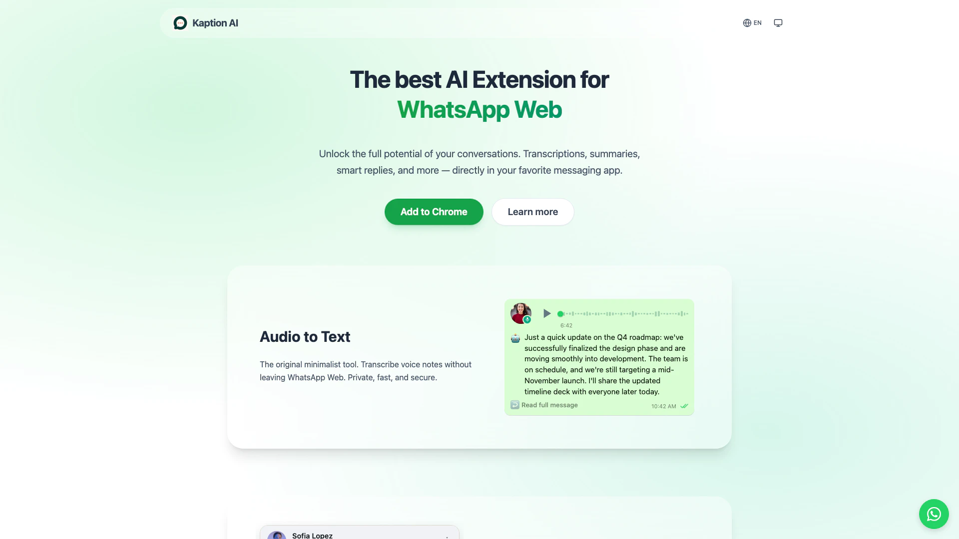 Audio To Text For Whatsap website screenshot showing Unlock the full potential of your WhatsA... interface and features