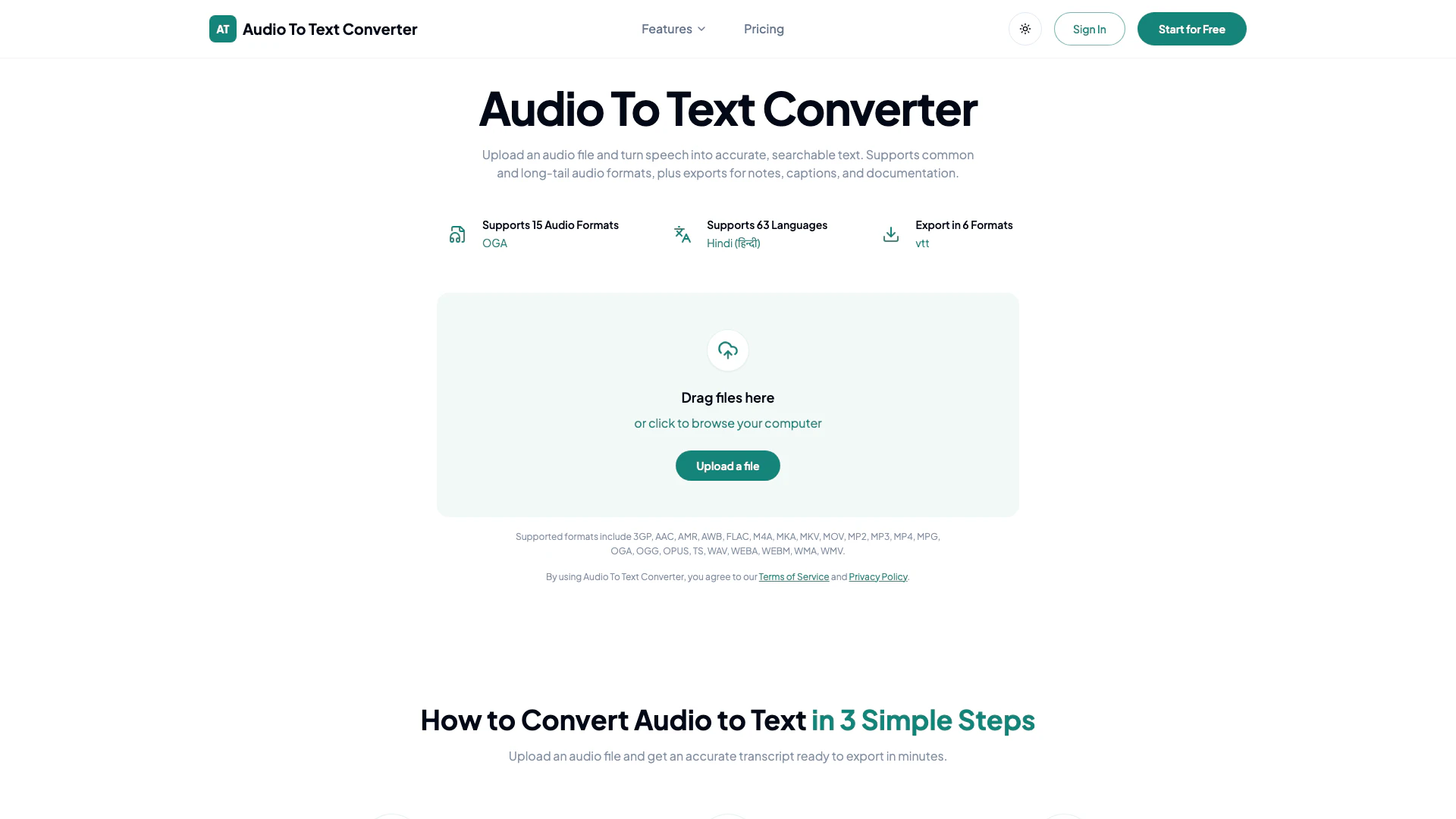 Audiototextconverter website screenshot showing Upload an audio file and convert speech ... interface and features