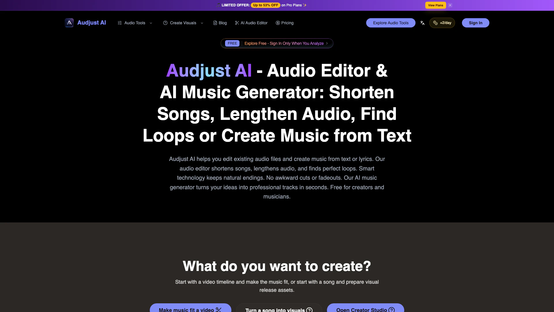Audjust.ai website screenshot showing Audjust AI is a powerful audio editor an... interface and features