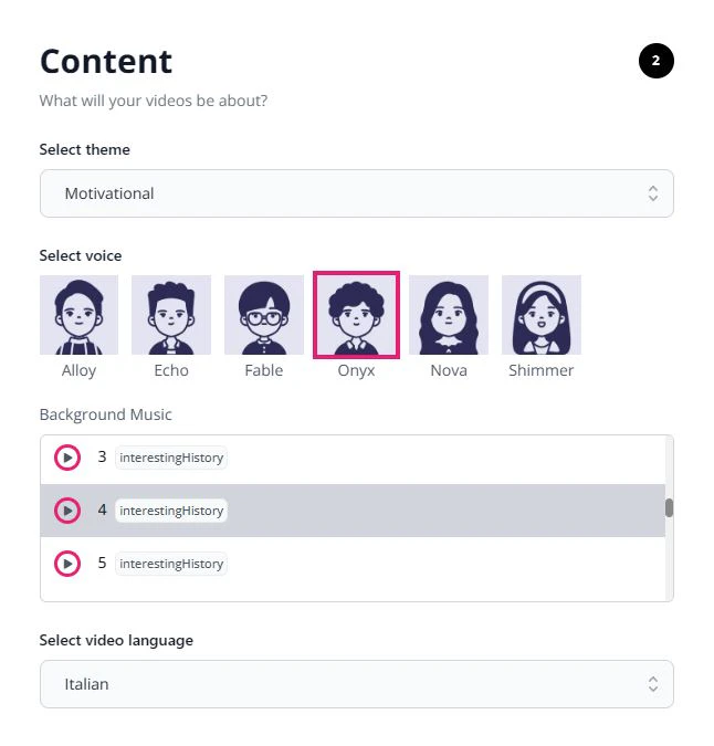 AutoReels.ai step 2 for customizing video content