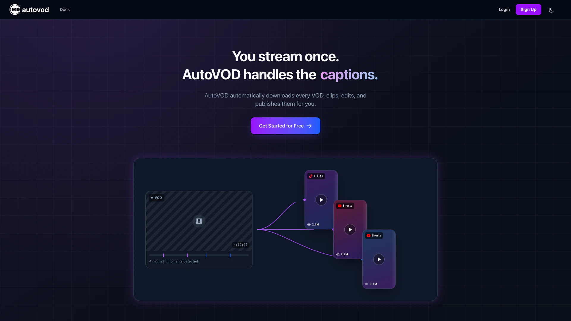 Autovodai website screenshot showing AutoVOD.ai automatically records livestr... interface and features