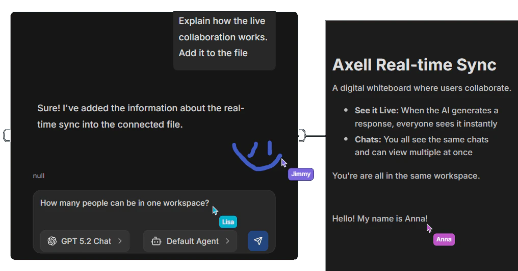 Axellai team collaboration feature in dark mode