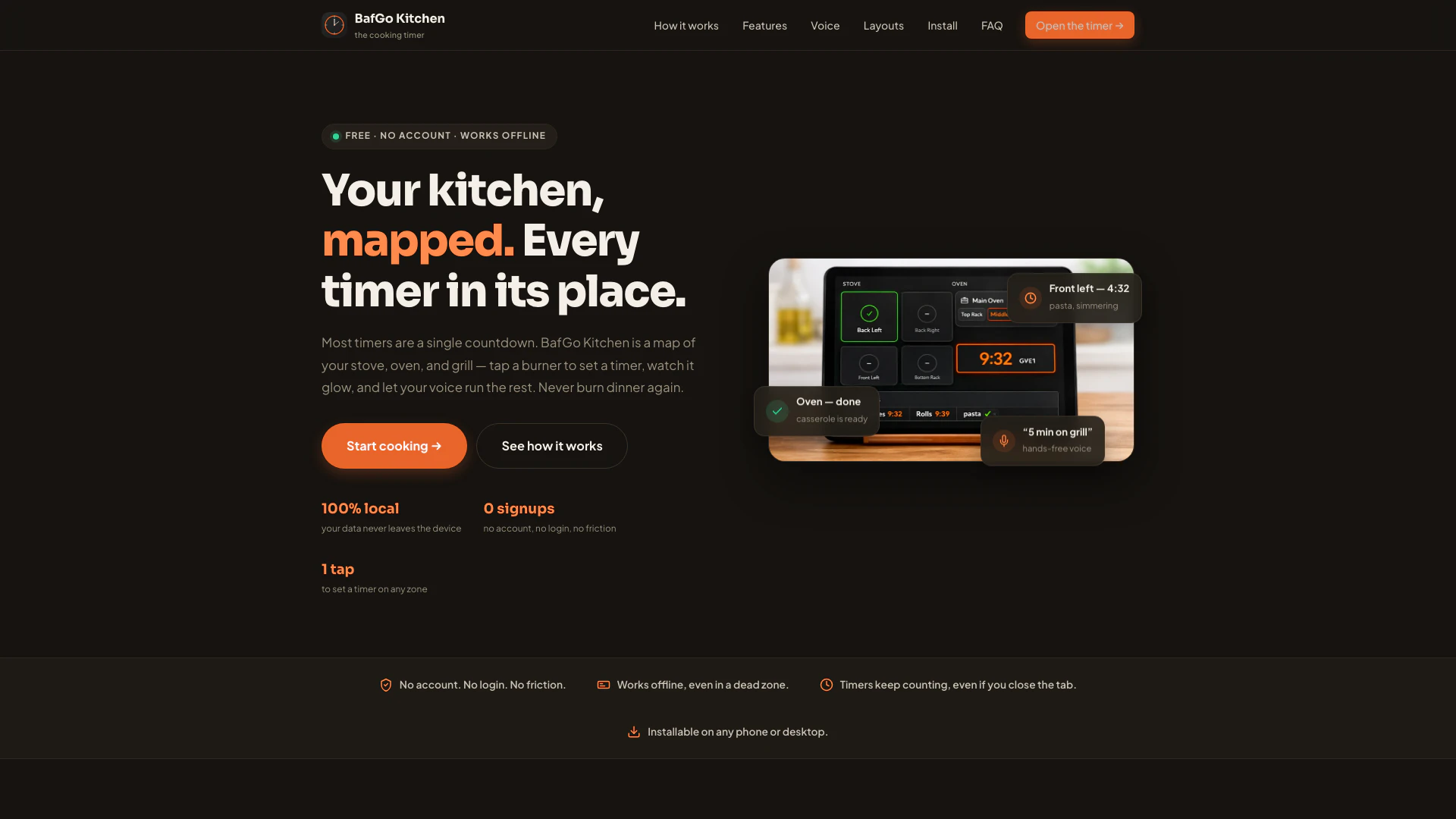 Bafgo website screenshot showing BafGo Kitchen is a free cooking timer th... interface and features