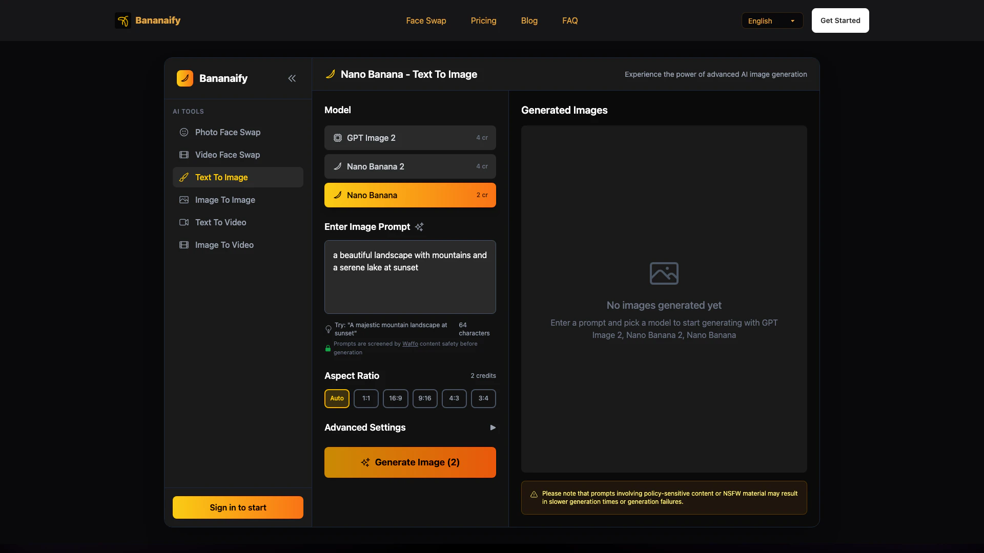 Bananaify Ai website screenshot showing Bananaify: AI-powered image & video gene... interface and features