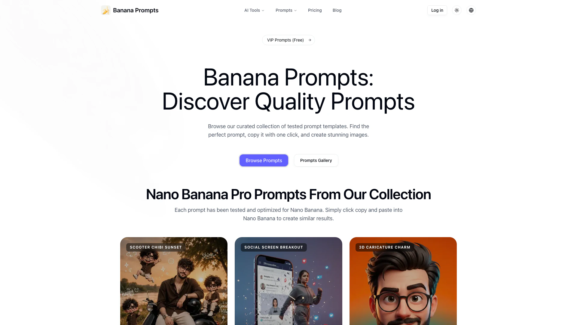 Banana Prompts website screenshot showing Discover the perfect prompts for image g... interface and features
