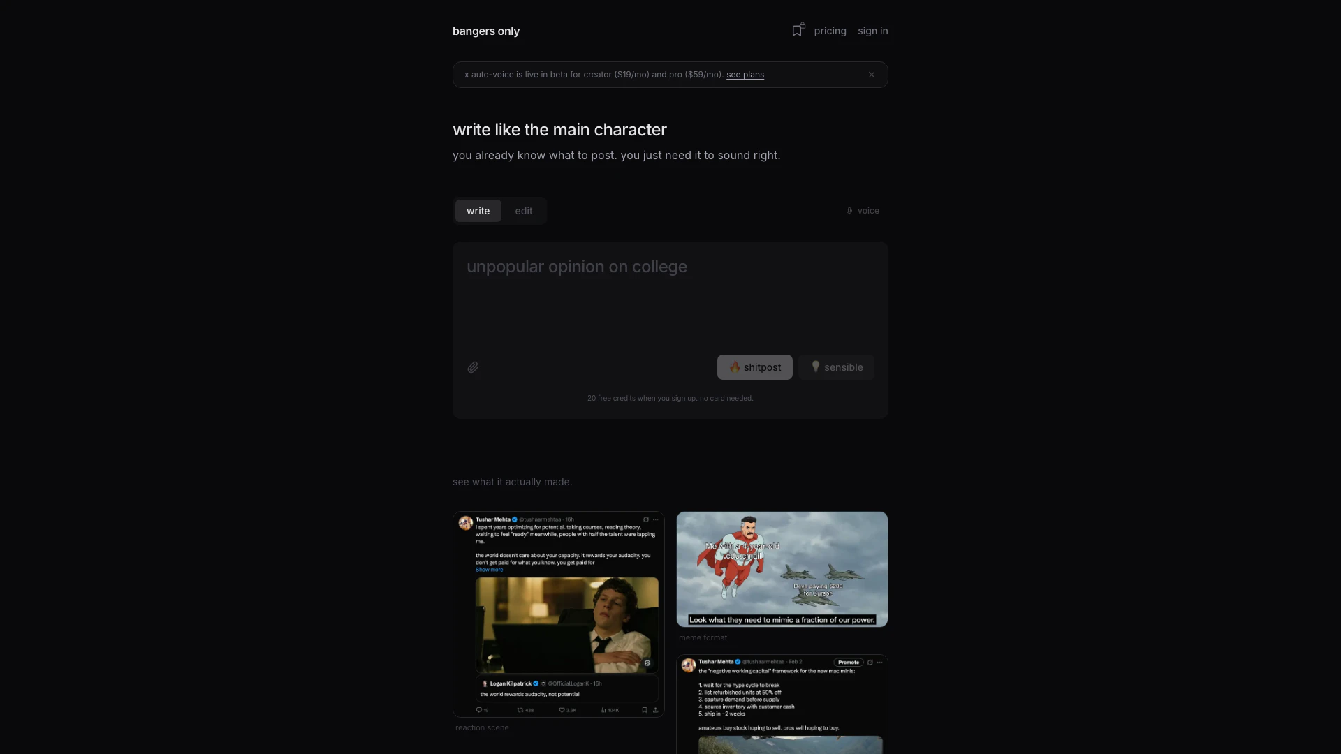 Bangersonly website screenshot showing Bangersonly giúp bạn tạo tweet viral, mó... interface and features