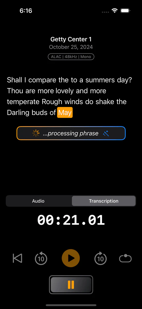 Banginaudiorecorder transcription interface