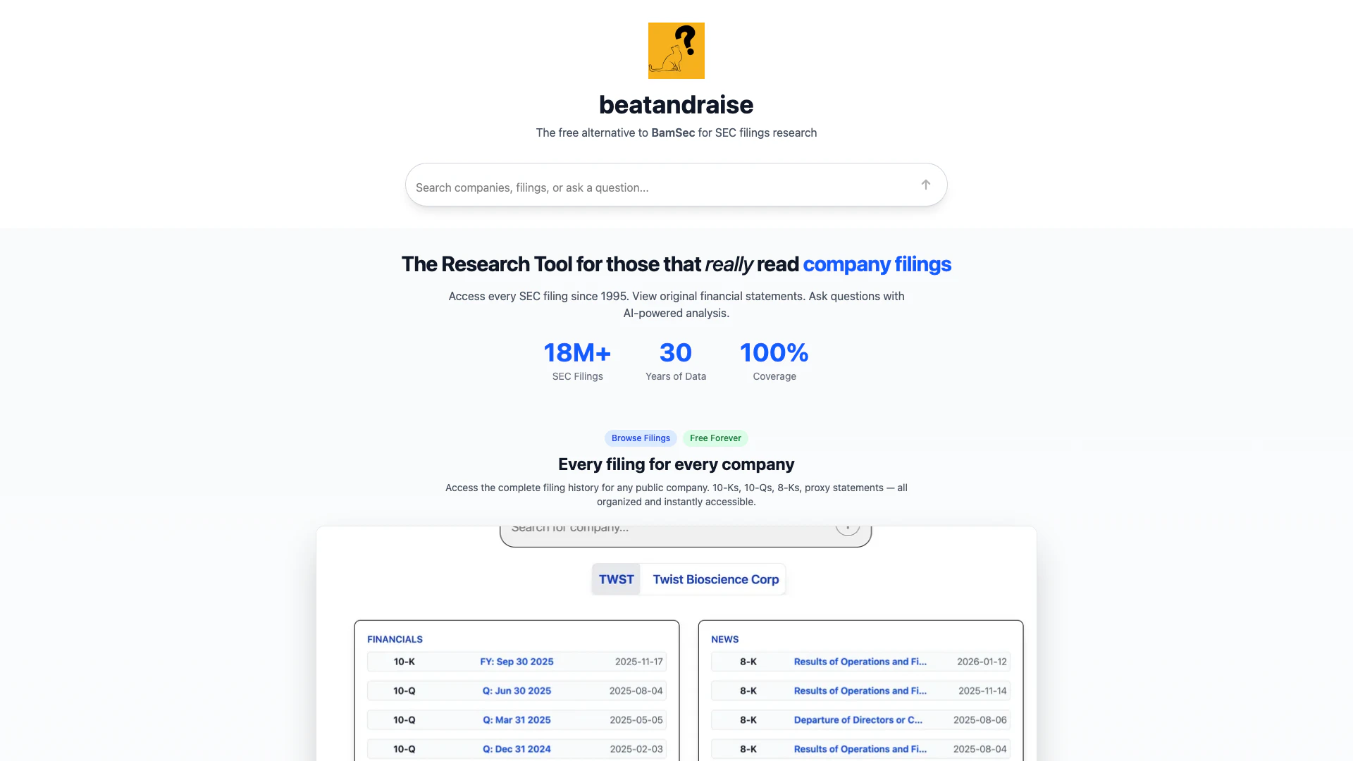 Beatandraise Com website screenshot showing beatandraise : Equity Research with AI a... interface and features