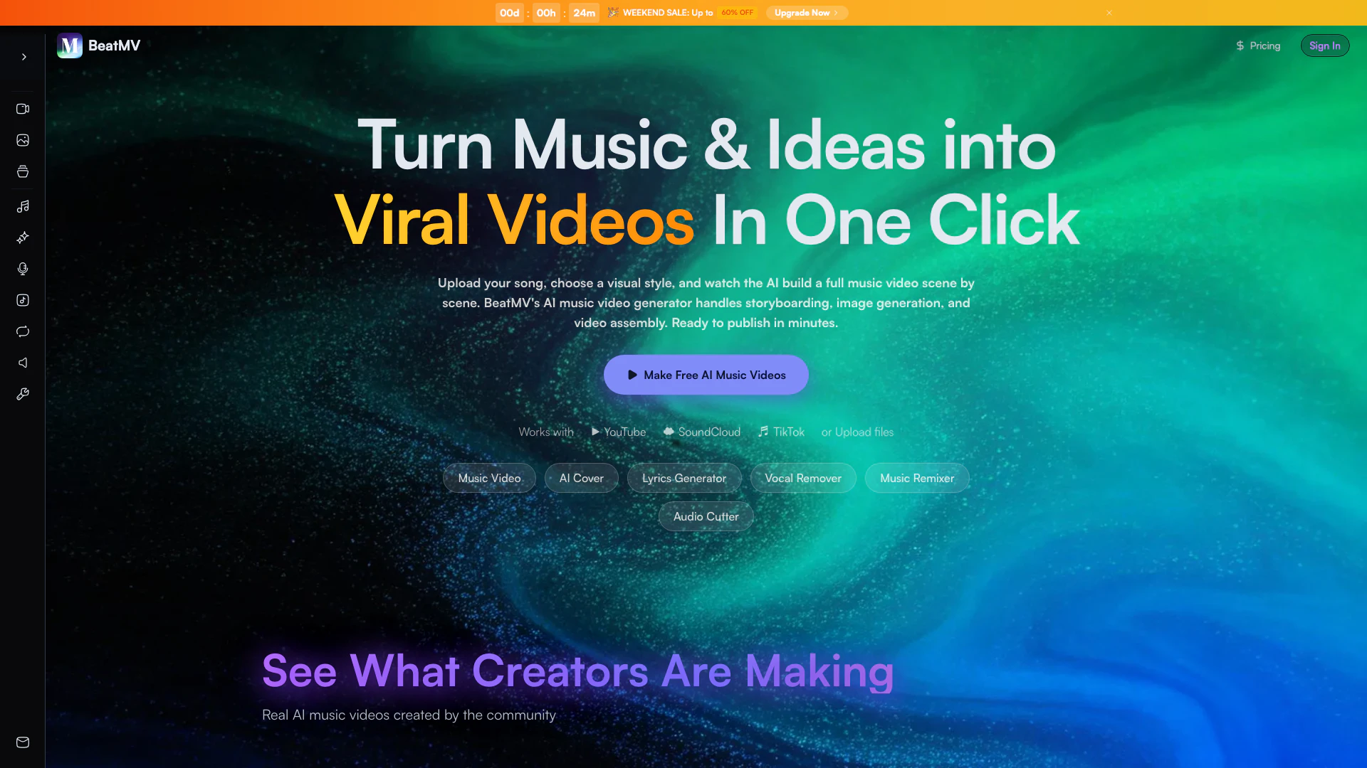 Beatmvai website screenshot showing Créez des vidéos musicales époustouflant... interface and features
