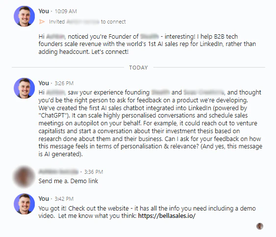 Bellasales use case example showing real conversations