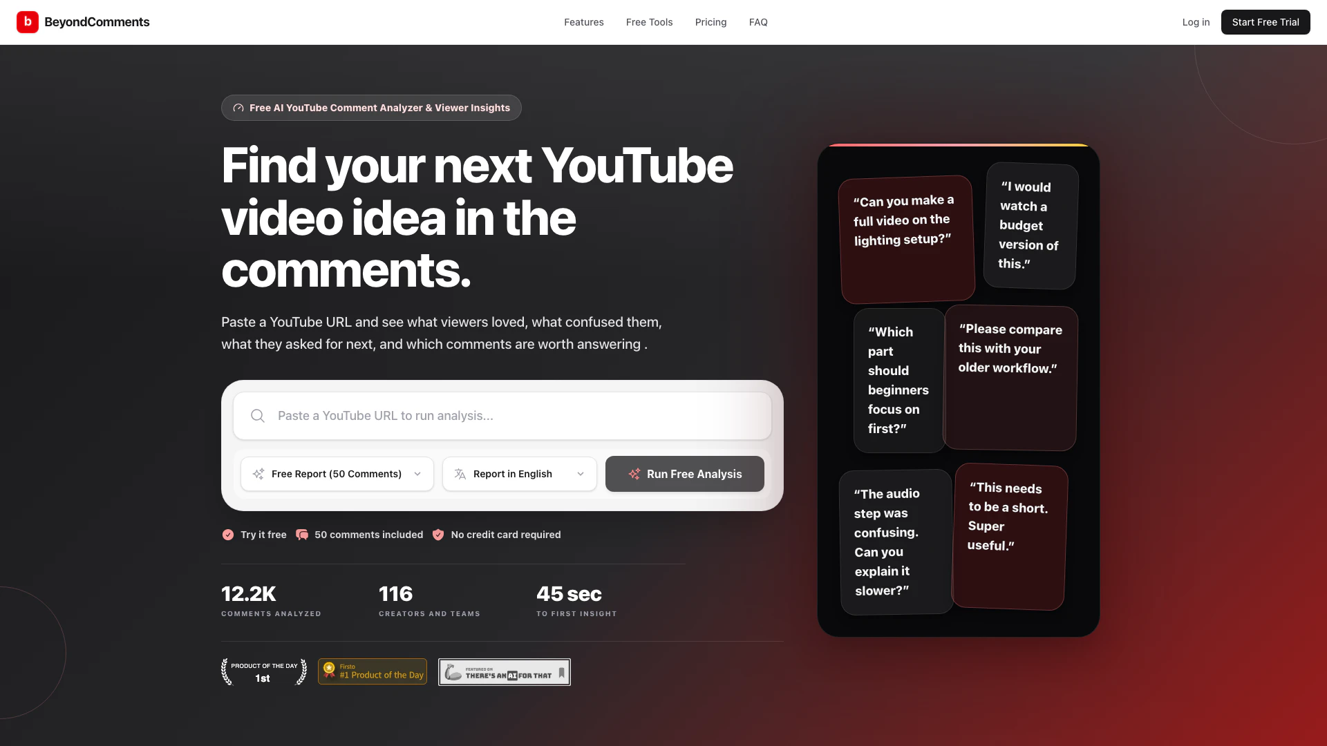 Beyondcomments website screenshot showing BeyondComments helps you analyze YouTube... interface and features