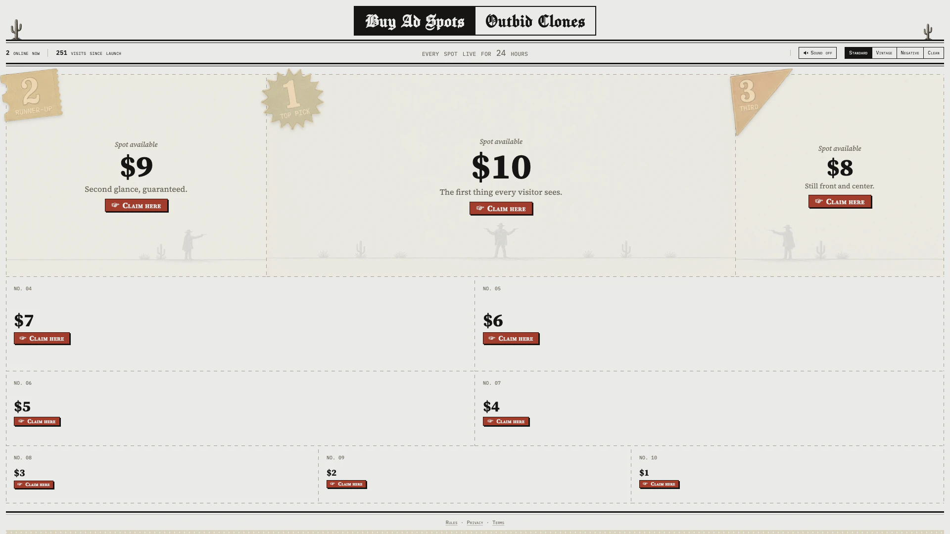 Bidtothe website screenshot showing Bidtothe offers ten fixed-price ad spots... interface and features