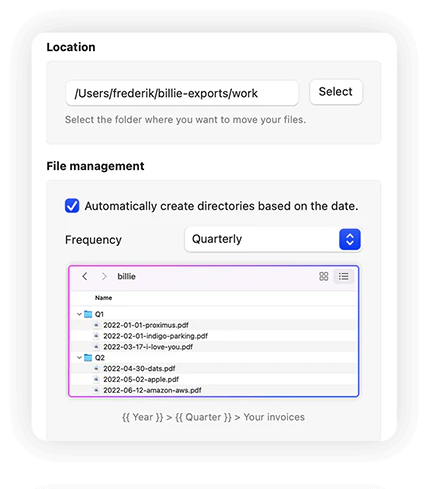 Billie automatic organization interface for invoices