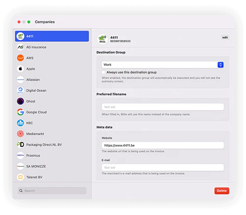 Billie company management interface