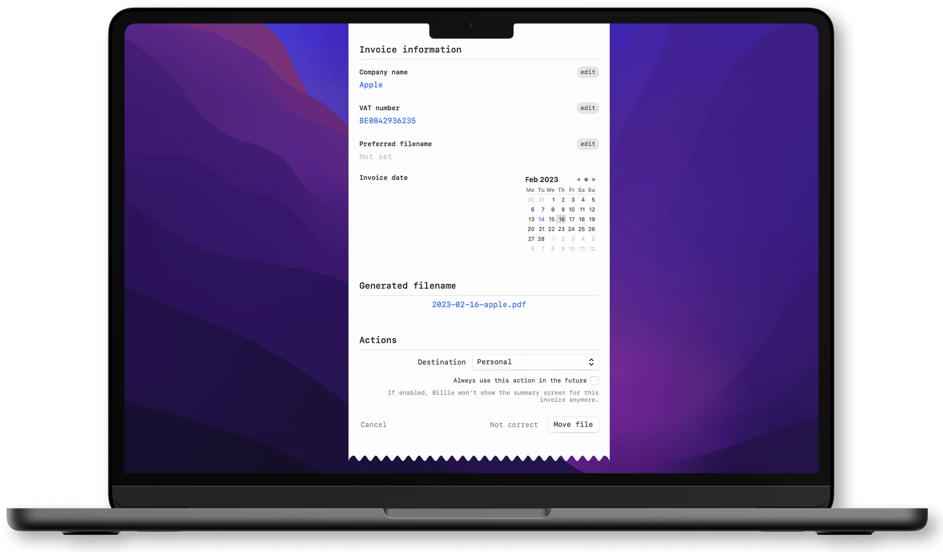 Billie product overview for macOS