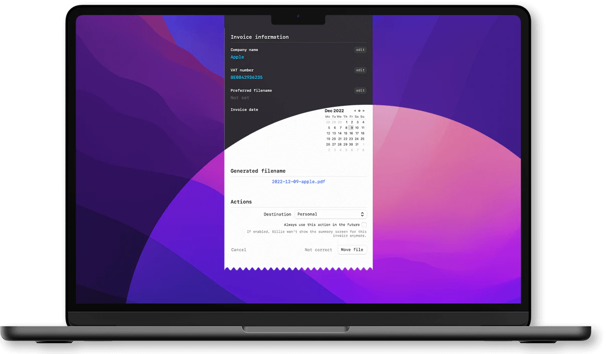 Billie dark mode interface for night-time use