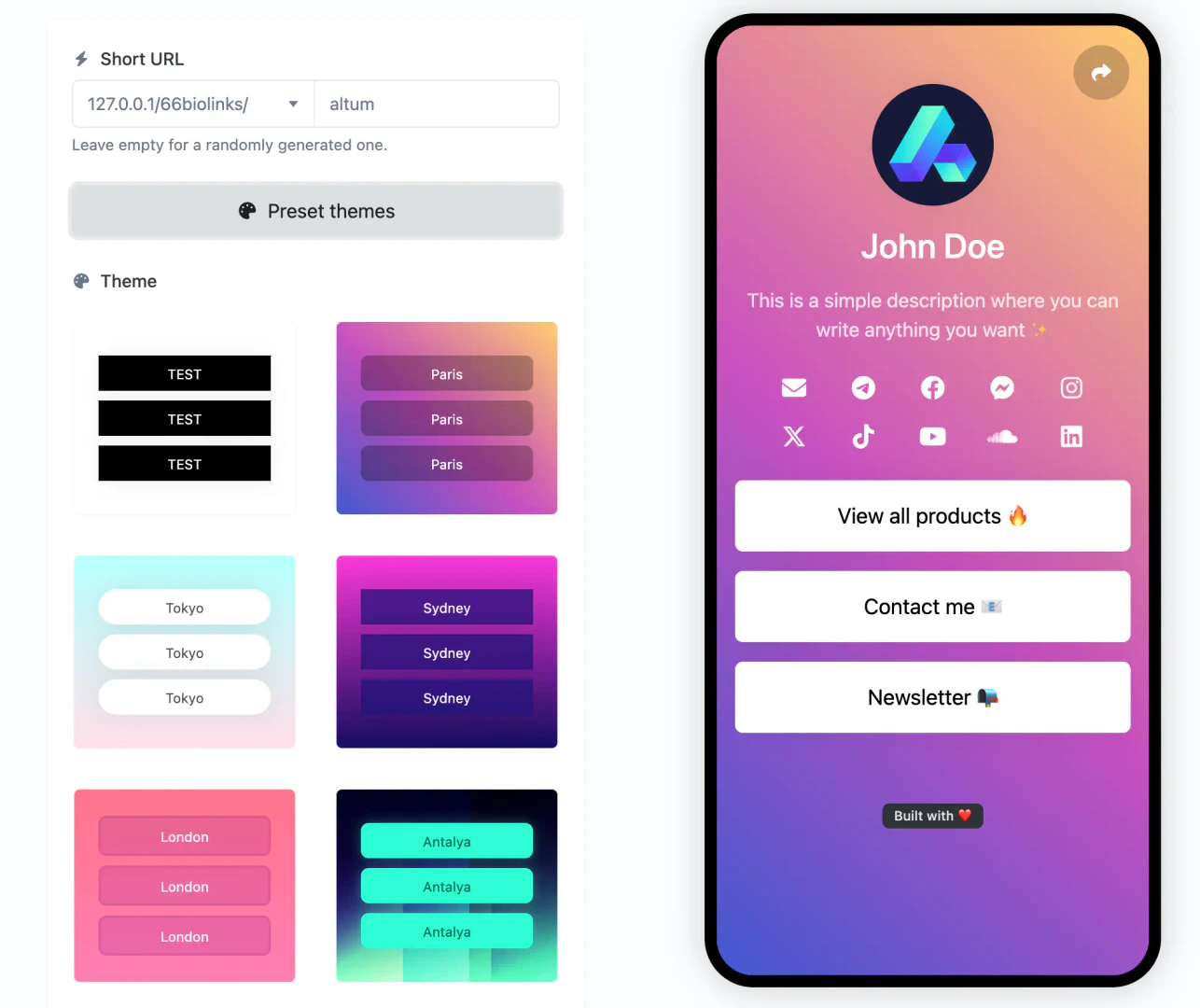 BioLink.page customizable interface for bio link page creation